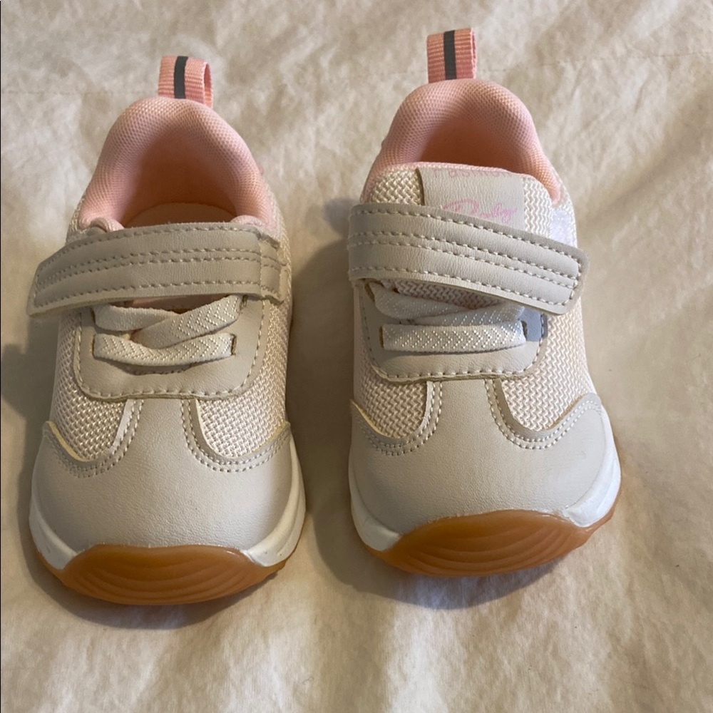 Cream and Pink Velcro Strap Sneakers with Gum Sole